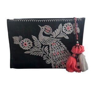 Star Mela Embroidered Clutch Bag Black Boho Bird Floral Tassel Zip Pouch Bohemia